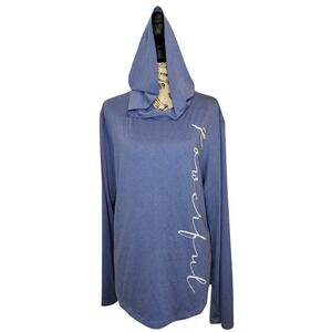 Cali Sport Womens XL Blue Long‎ Sleeve Hooded Tunic Top "Powerful" Graphic NWT